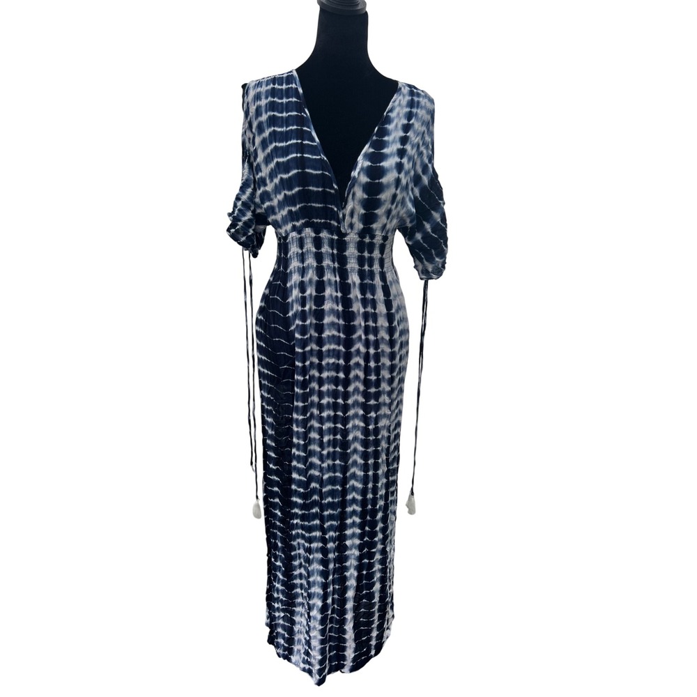 Blue White Tie Dye Cold Shoulder Tassel Maxi Dress Smocked Waist Size 4